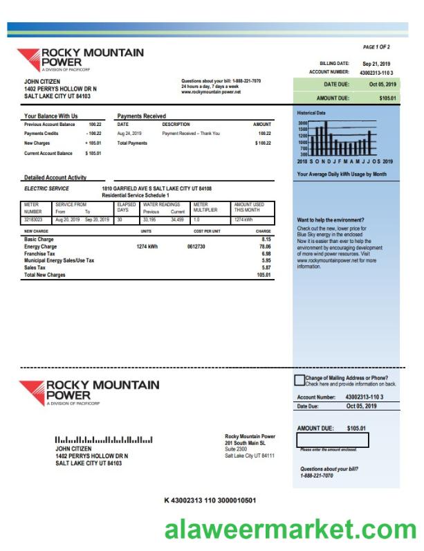 USA Utah Rocky Mountain Power electricity utility bill template in Word and PDF format